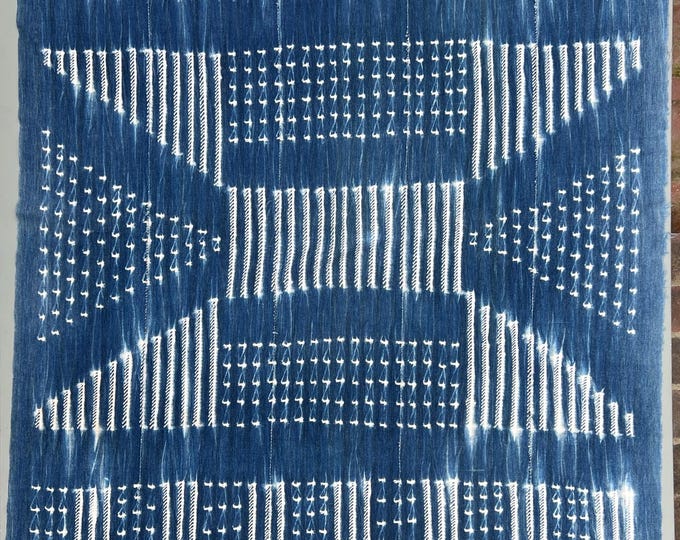 Blue and white throw- Abstract African Design- Shibor dye throw- Vintage Bohemian- mud cloth- housewarming gift decor
