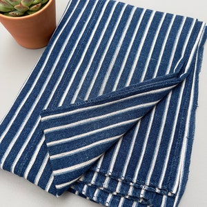 Mud Cloth striped throw, Vintage African Indigo mudcloth fabric, blue and white stripes image 1