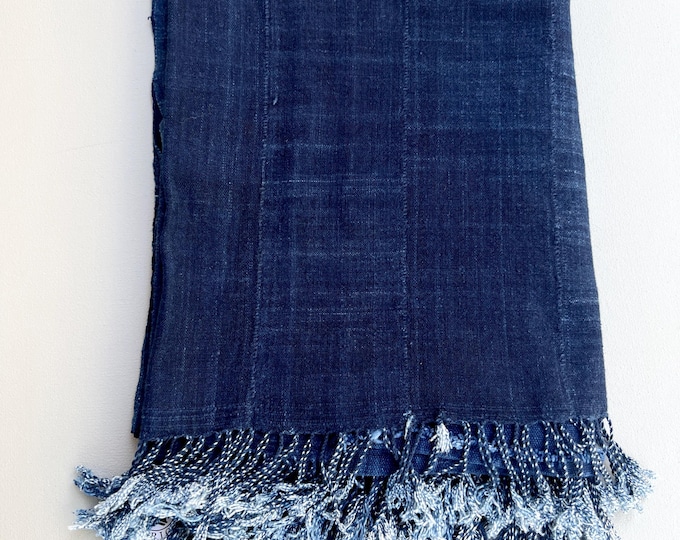 Blue decorative throw with fringe, Dark Blue cotton denim, African indigo Mossi, Rustic throw blanket, Recycled jean wrap with fringe