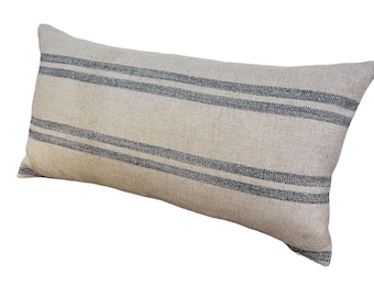 Striped Lumbar Pillow Cover - neutral linen with black stripes, modern farmhouse-cottage vibe accent cushion
