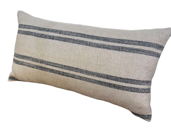 Striped Lumbar Pillow Cover - neutral linen with black stripes, modern farmhouse-cottage vibe accent cushion