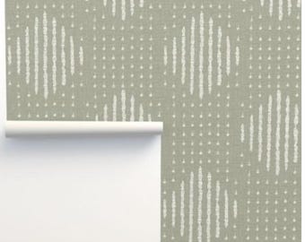 Mud Cloth Block print traditional un-pasted pebble wallpaper, soft green and ivory ethnic style