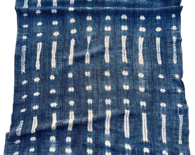 Rustic shibori Indigo mud cloth throw, Vintage African fabric with fringe