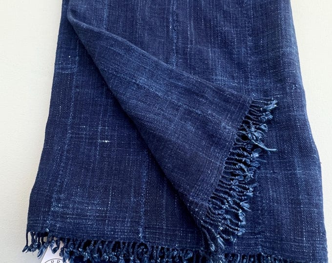 Dark blue jean throw blanket, Denim bed throw- distressed jeans blanket with fringe, recycled denim mud cloth, indigo Mossi