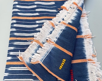 Vintage African Baule Cloth Throw, Indigo Blue Orange Ikat Stripes, Boho Textile