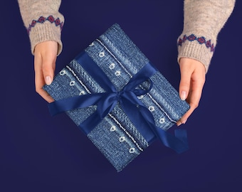 Gift Wrapping Paper, Denim Blue African Mud Cloth Design with Shibori Dots, Unique Boho Hipster Style, Roll for Presents, Crafts, Decor, 1pc