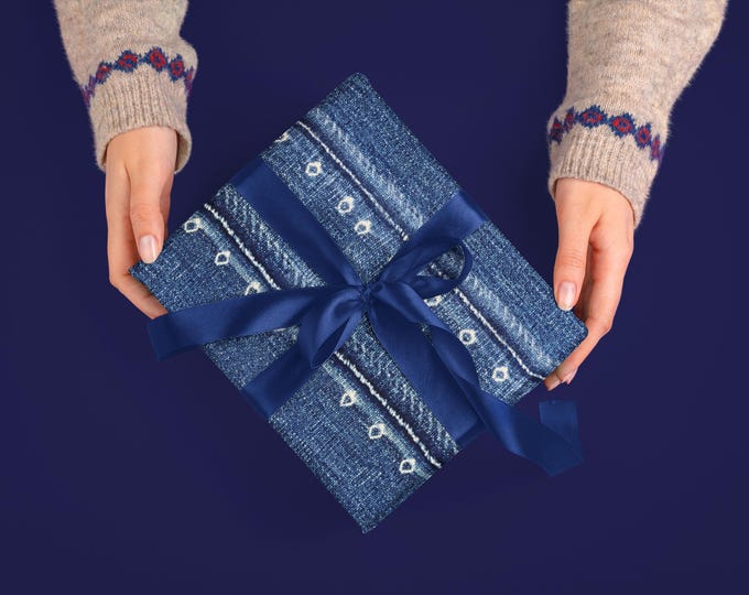Gift Wrapping Paper, Denim Blue African Mud Cloth Design with Shibori Dots, Unique Boho Hipster Style, Roll for Presents, Crafts, Decor, 1pc