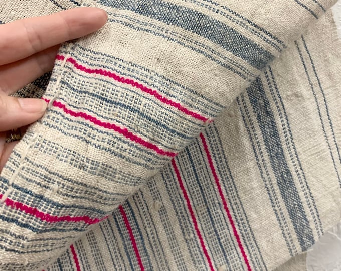 Hill Tribe Hemp Fabric,Vintage stripe fabric, Pinstripe hemp fabric, Natural color with blue and pink, Morrissey Fabric
