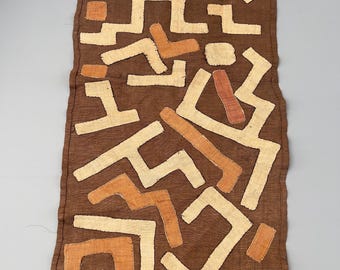 Kuba Cloth African Tapestry, Hand made Textile, brown with abstract Appliqués, African wall art