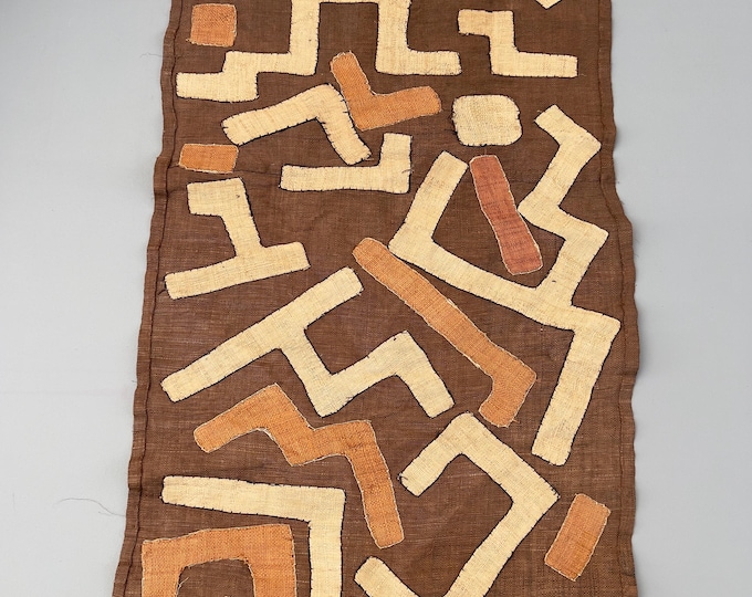 Kuba Cloth African Tapestry, Hand made Textile, brown with abstract Appliqués, African wall art