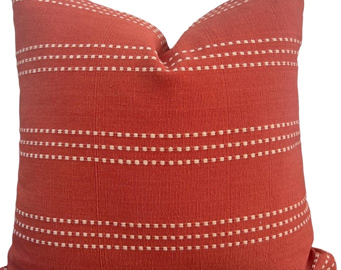 Farmhouse Pillow Cover- striped cushion-  Neutral Linen Stripes, cottage pillow, modern farmhouse decor- Orange accent pillow- lumbar pillow