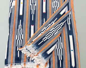 Vintage African Baule Cloth: Blue & Orange Boho Throw Blanket