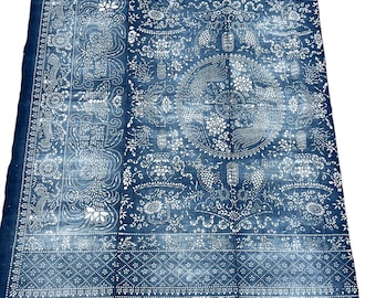 Vintage blue and white Chinese hemp batik fabric, 3-panel Nanking Indigo textile, hemp chinoiserie cloth
