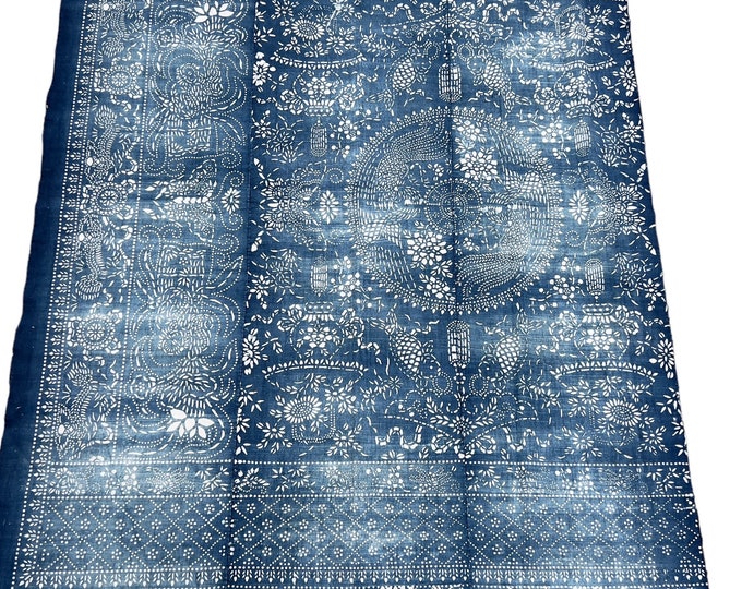 Vintage blue and white Chinese hemp batik fabric, 3-panel Nanking Indigo textile, hemp chinoiserie cloth