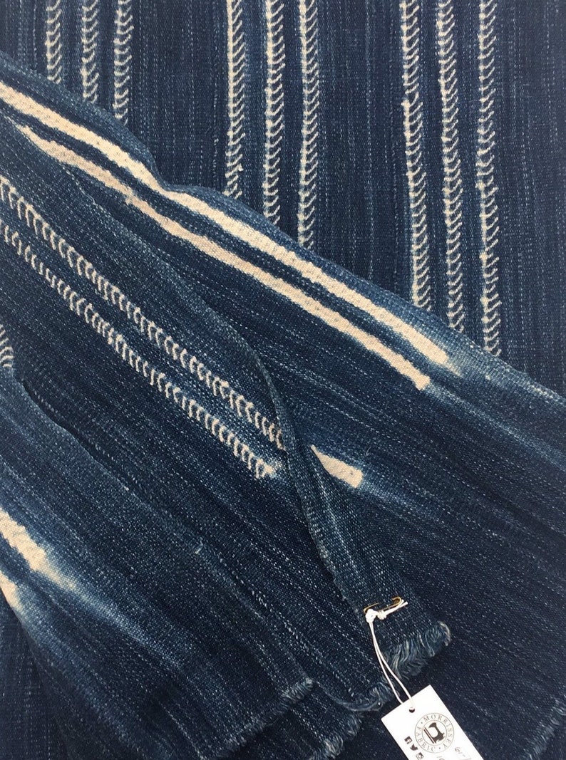 Blue and White Fabric Vintage African Indigo Mudcloth Textile Boho Home Decor