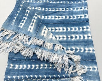 Faded blue and white stripe fabric, Boho denim home decor Mud cloth throw, Tie dyed blue with white, Vintage African textile with fringe