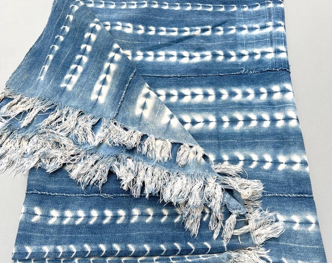 Faded blue and white stripe fabric, Boho denim home decor Mud cloth throw, Tie dyed blue with white, Vintage African textile with fringe