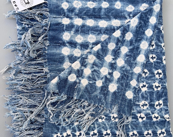Vintage blue and white Indigo mud cloth throw with fringe- African throw with shibori polka dots