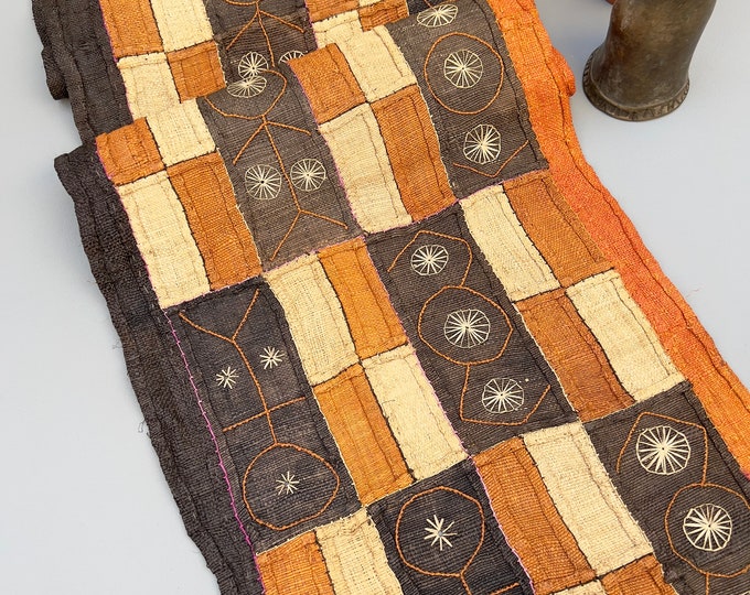 Patchwork Kuba Cloth, Hand Woven Wall Tapestry, African Table Runner with embroidery, Primitive Home decor, Morrissey Fabric