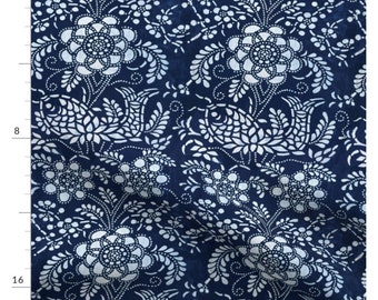 Dark Blue koi fish design fabric, Navy blue and white Chinoiserie fabric, Bold floral upholstery, sewing fabric for home design projects