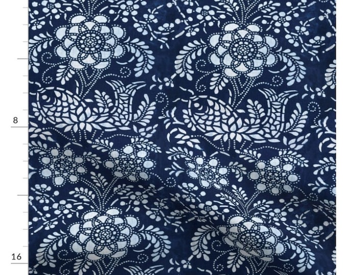 Dark Blue koi fish design fabric, Navy blue and white Chinoiserie fabric, Bold floral upholstery, sewing fabric for home design projects