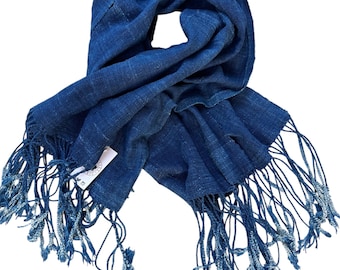 Vintage Indigo Mud Cloth Scarf: African Denim Textile with Long Fringe