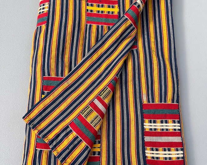 Vintage African Ewe textile, Textile collector gift, Yellow, Navy blue, green, red, Ethnic Design, Hand made fabric, Ewe Kente textile art