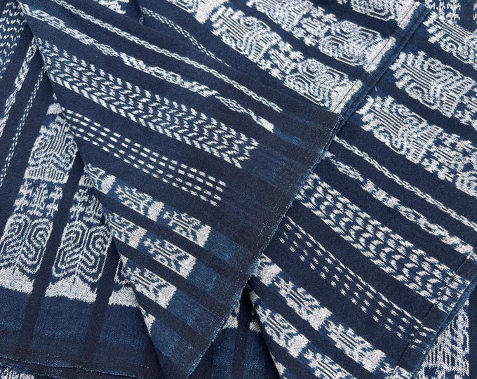 Guatemalan vintage fabric, Indigo stripe Ikat material, corte cloth, Blue and white fabric