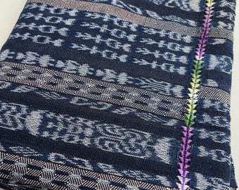 Vintage Guatemalan Ikat Corte Fabric, Indigo Multi-Stripe, Embroidered Detail, 100% Cotton Cloth