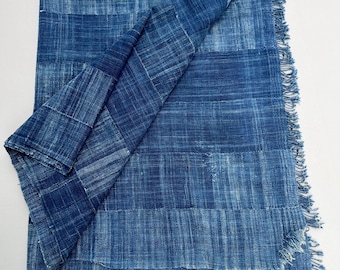 Blue jean throw blanket, Denim bed throw- distressed jeans blanket with fringe, recycled denim mud cloth, indigo Mossi