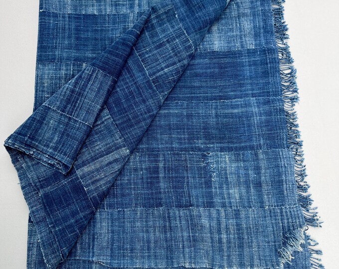 Blue jean throw blanket, Denim bed throw- distressed jeans blanket with fringe, recycled denim mud cloth, indigo Mossi