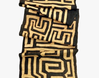 African Kuba Cloth Textile: Hand-Stitched Raffia Geometric Wall Art Runner