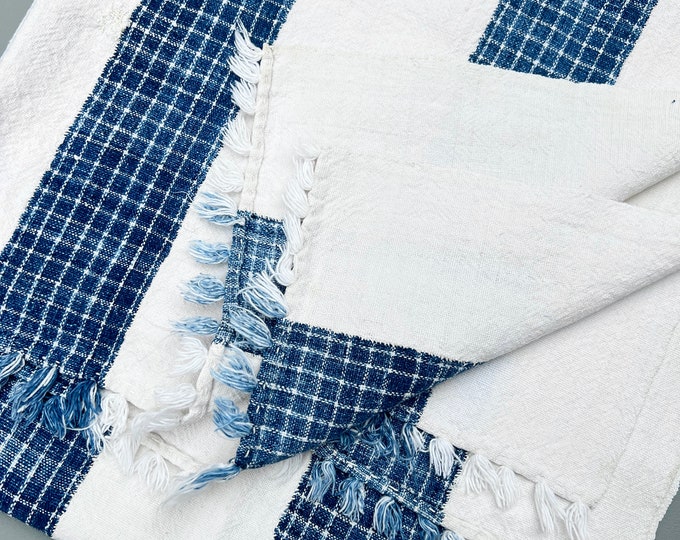 Boho fabric cotton mud cloth design, Americana vintage style fabric, upholstery weight, plaid blue and white