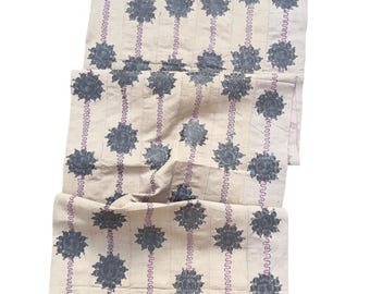 Vintage African Textile, Yoruba Aso Oke fabric in beige, pink, with gray embroidery flowers