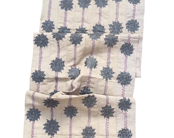 Vintage African Textile, Yoruba Aso Oke fabric in beige, pink, with gray embroidery flowers