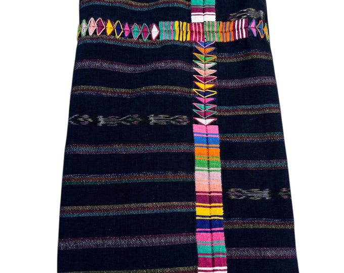 Hand embroidery on vintage Guatemalan Fabric: Indigo Cotton Corte Cloth with Rainbow lurex Stripes