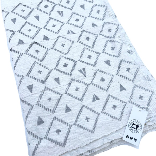 Mud Cloth, Hand loomed Cotton, Mudcloth Modern Print, White with Gray, Morrissey Fabric