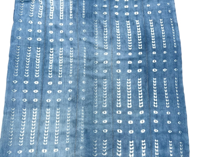 Faded blue and white fabric, Boho Tie dye denim,  Vintage fabric with fringe,