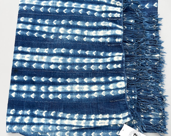 Vintage Mud Cloth Throw, Premium mudcloth, Blue and white, African Shibori Mud cloth Textile, Shibori dyed fabric, Morrissey Fabric