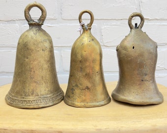 Vintage Set of 3 Large Brass Bells, Rustic African Hand Made Bells, Holiday Bells, Antique brass Bells, Morrissey Fabric
