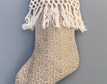 Farmhouse Christmas stocking vintage linen and cotton fringe, sage green ivy print