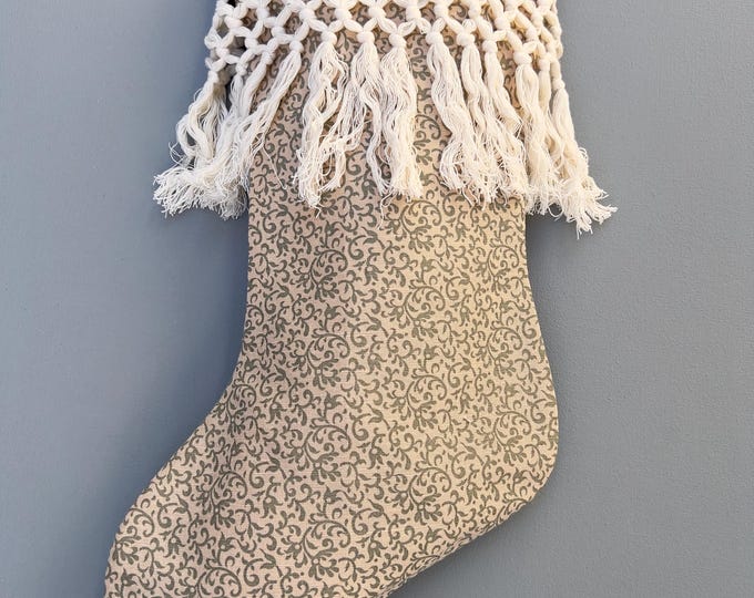 Farmhouse Christmas stocking vintage linen and cotton fringe, sage green ivy print