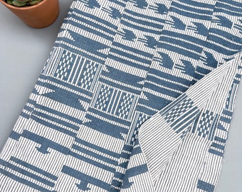 African Vintage Fabric, Aso Oke Textile, denim blue on black and white stripes, African Ceremonial Cloth
