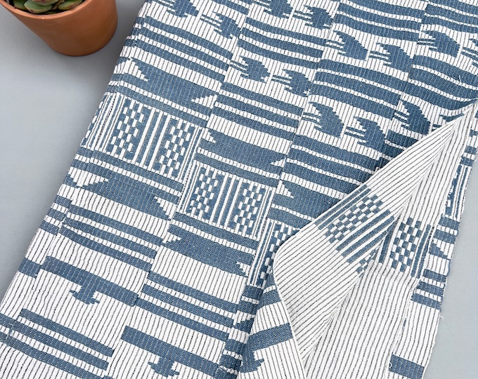African Vintage Fabric, Aso Oke Textile, denim blue on black and white stripes, African Ceremonial Cloth