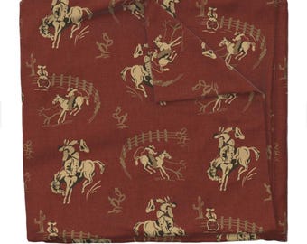 SWATCH: Western Horses and Cowboys on Red Denim Fabric Swatch, Bucking Broncos Textiles Durable Apparel, Upholstery, and Home Decor
