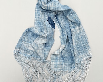 Faded denim scarf, African fabric scarf, Rustic home decor throw, Hand sewn patch, faded jean throw, light blue wrap/shawl