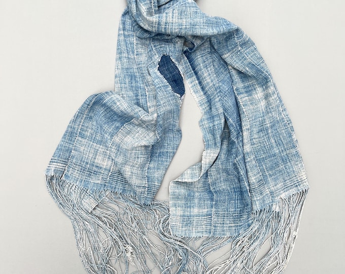 Faded denim scarf, African fabric scarf, Rustic home decor throw, Hand sewn patch, faded jean throw, light blue wrap/shawl