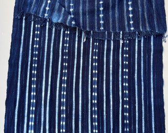 Bohemian or Beach Cottage throw, Navy blue African Indigo with shibori stripes, Blue striped mud cloth fabric, Rustic Home Decor