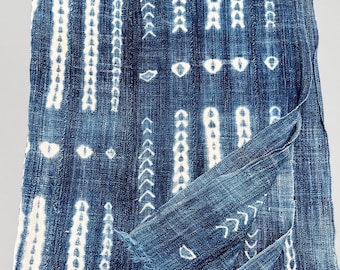 Blue and white Shibori Mud Cloth Throw, Hand-Dyed African Textile, vintage denim wrap, Boho home decor gift