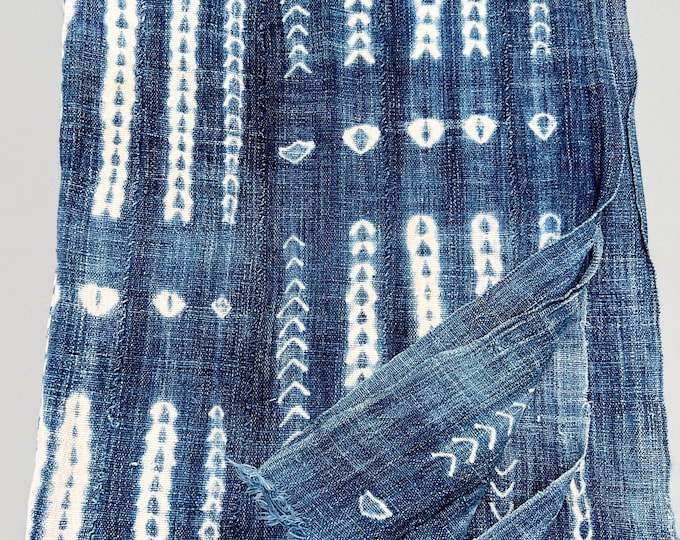 Blue and white Shibori Mud Cloth Throw, Hand-Dyed African Textile, vintage denim wrap, Boho home decor gift